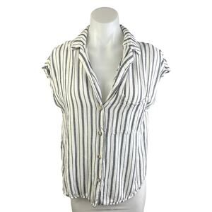 MNG Mango White Gray Linen Striped Cap Sleeve Button Down Shirt Blouse Top Sz 4